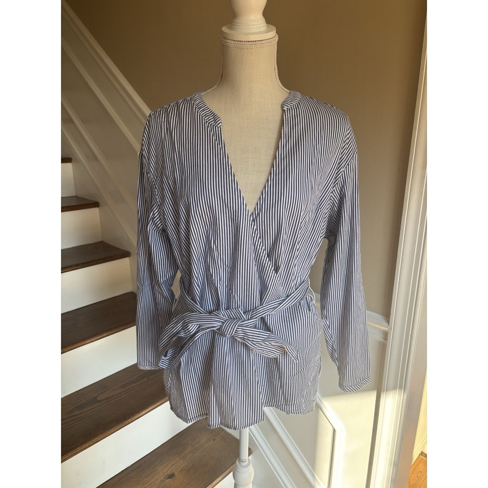 The Limited Wrap V Neck Shirt With Belt Blue White Striped Sz Large Nautical